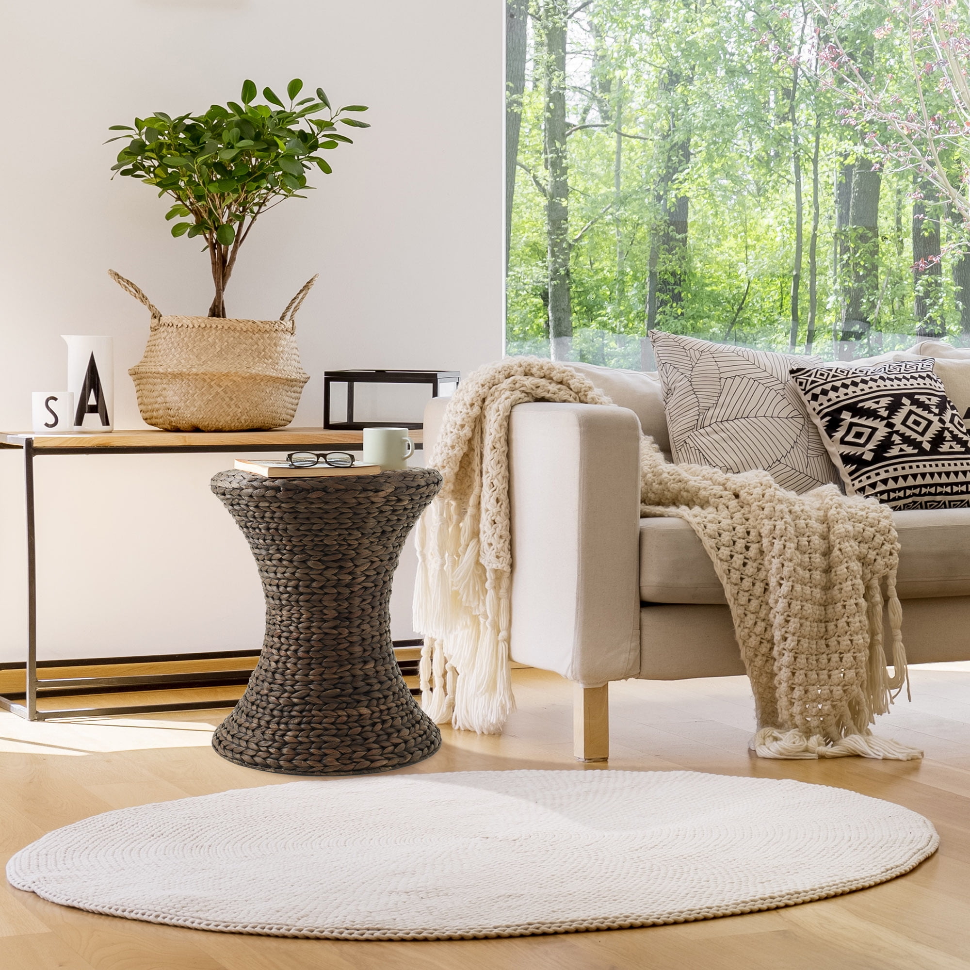 Casafield Hourglass Side Table - Espresso Dark Brown, Handwoven Water Hyacinth, Boho Wicker End Table for Bedroom, Entryway, Living Room, Office