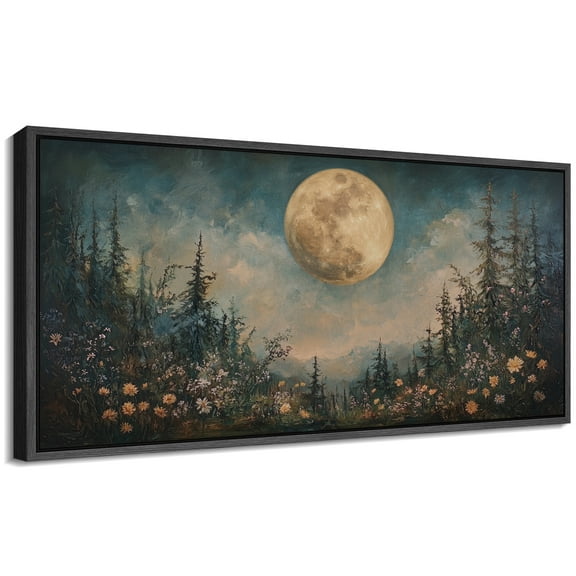 Large Framed Canvas Print Enchanted Forest MoonlightWall Art Decorative Ready to Hang Painting for Living room Bedroom 60x30 inches Black Frame