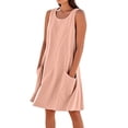 thumbnail image 1 of Vestido sin mangas estampado de lino para mujer: largo hasta la rodilla, estampado floral, bolsillos, ropa de verano para la playa., 1 of 7