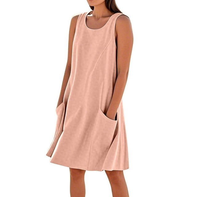 Vestido sin mangas estampado de lino para mujer: largo hasta la rodilla, estampado floral, bolsillos, ropa de verano para la playa.