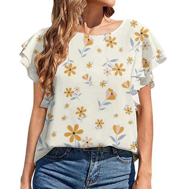 Hauts d'Entraînement Grande Taille pour Femmes Mode d'Été Décontractée Col Rond à Volants Manches Courtes Imprimé Pull Blouse Col en V T-Shirt Femmes en Solde