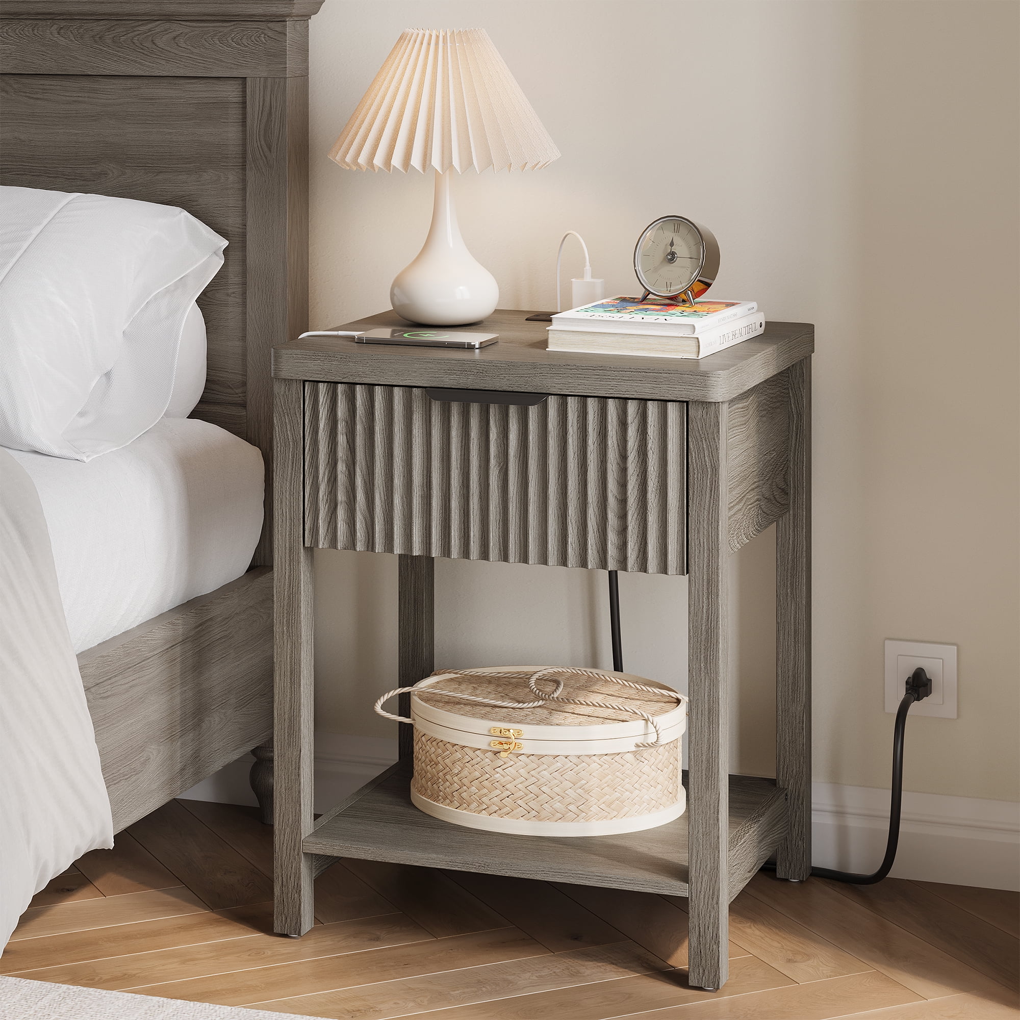 Aufeile Nightstand for Bedroom Set of 2 with Charging Station, Modern Side Table with Drawer & Open Shelf, Fluted End Table with 2 AC Outlets, USB & Type-C, Dark Gray
