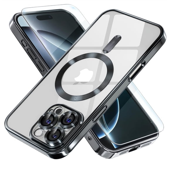 Entronix 2-in-1 Magnetic Shiny Clear Case Compatible with iPhone 16 Pro with Screen Protector, Black