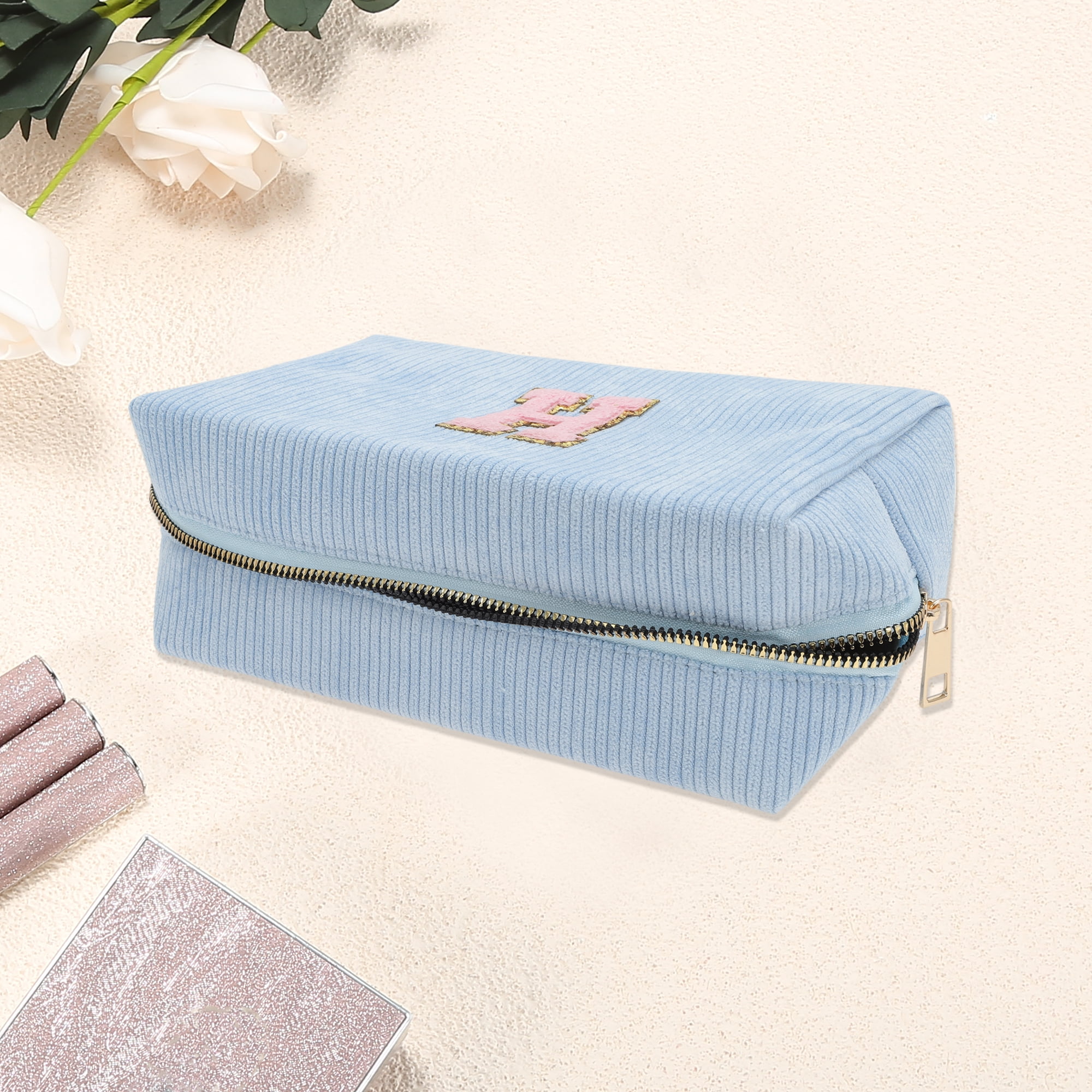 Unique Bargains 1 Pc Corduroy Rectangular Letter Makeup Bag Sky Blue [Letter H]