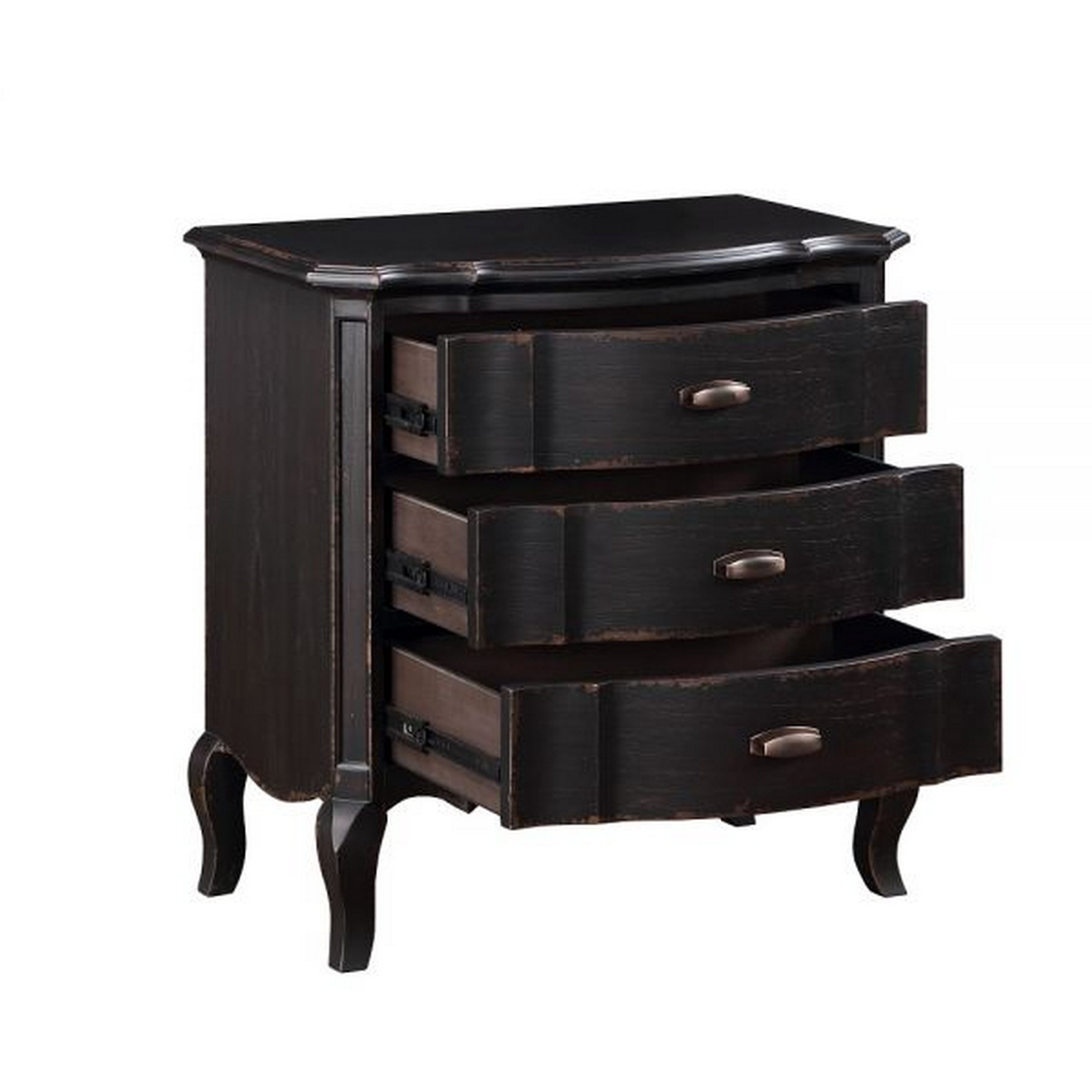 Benjara Cherry 30" Nightstand- 3 Drawers- Cabriole Legs- Rubberwood- Black