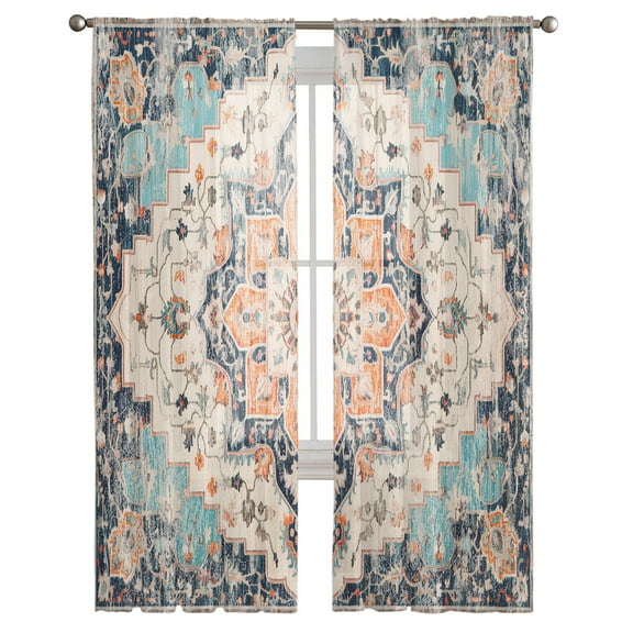 Rustic Geometric, Semi Sheer Curtains 108 Inch Length 2 Panels Set, Farmhouse Shabby Chic Ethnic Tribal Sheer Kitchen Curtain Privacy Voile Window Curtain for Living Room Bedroom Rod Pocket Drapes