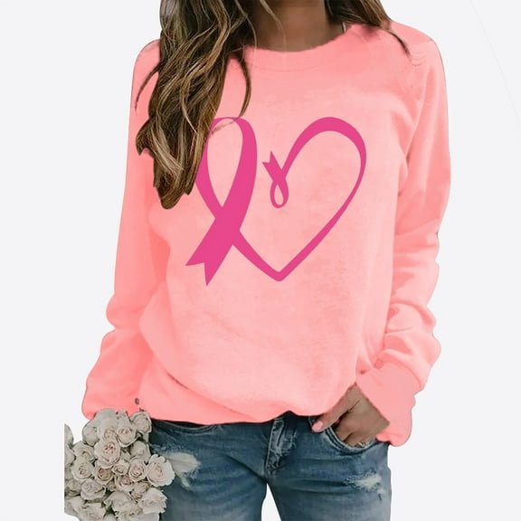 Homenesgenics Breast Cancer Ribbon Shirts Women's Casual Solid Color Breast Cancer Long Sleeve Round Neck Sweatshirts Pink XXL