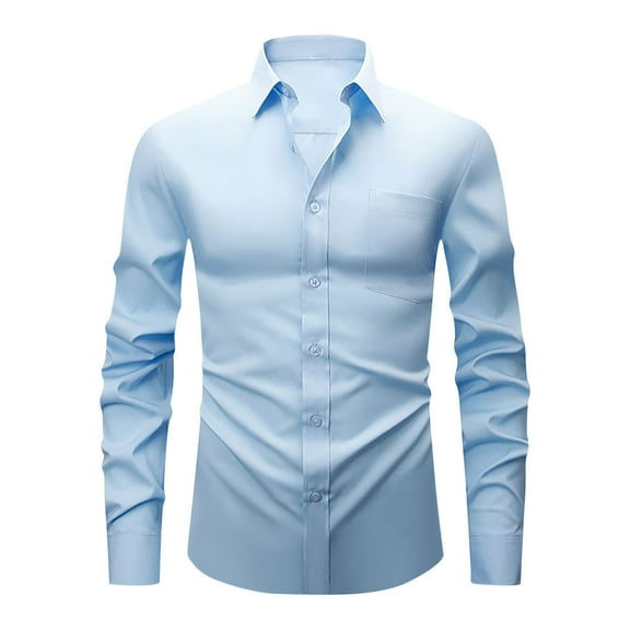 Afuyipoi Men's Dress Shirts Solid Long Sleeve Stretch Formal Shirt Business Casual Button Down Shirts Light Blue Size L