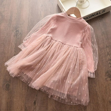

Bullpiano 2-9Y Girls Long Sleeve Dress Girls Western Sequined Puff Sleeve Knit Yarn Dress (Pink)