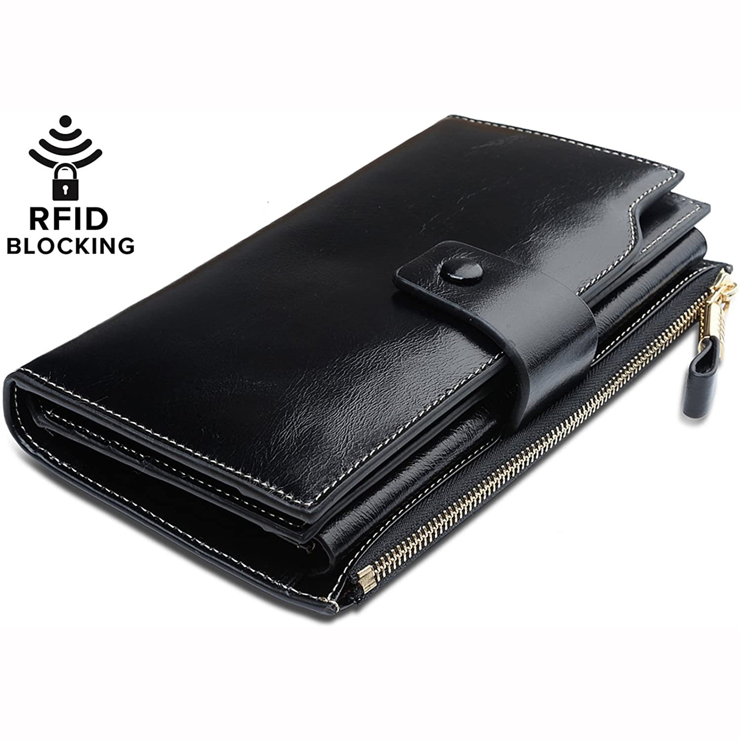 Womens Wallet Ladies Luxury Leather RFID Blocking Wallet Large Capacity Wax Genuine Ladies Purse with Gift Box Zipper Pocket & 20 Card Slots Perfect for Female 