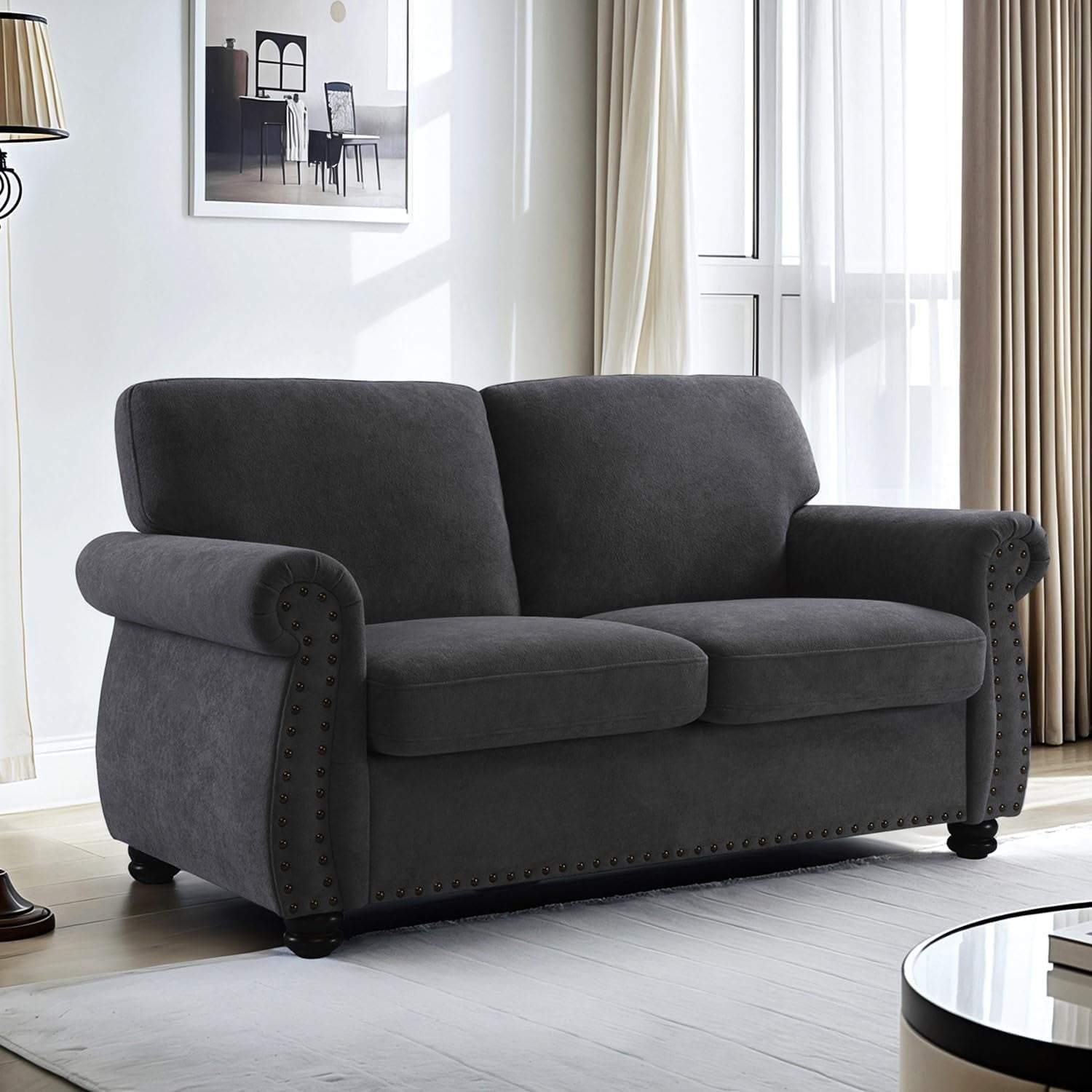 US Pride Furniture 65 in. Wide Rolled Arm Velvet Modern Rectangle Loveseat in Black For Home