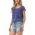 thumbnail image 4 of INSPIRE CHIC Valentine's Day Women's Floral Blouse Summer Casual Square Neck Chiffon Short Sleeve Ruffle Shirts M Royal Blue, 4 of 6