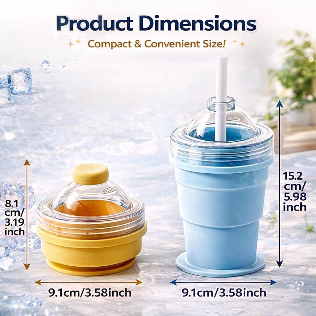 2-in-1 Collapsible Silicone Ice Ball Maker Cup, Foldable Ice Ball Drink Cup, Reusable Portable Silicone Ice Sphere Mold Bottle with Straw & Lid, Easy Demolding, Leakproof Travel Tumbler (Blue)