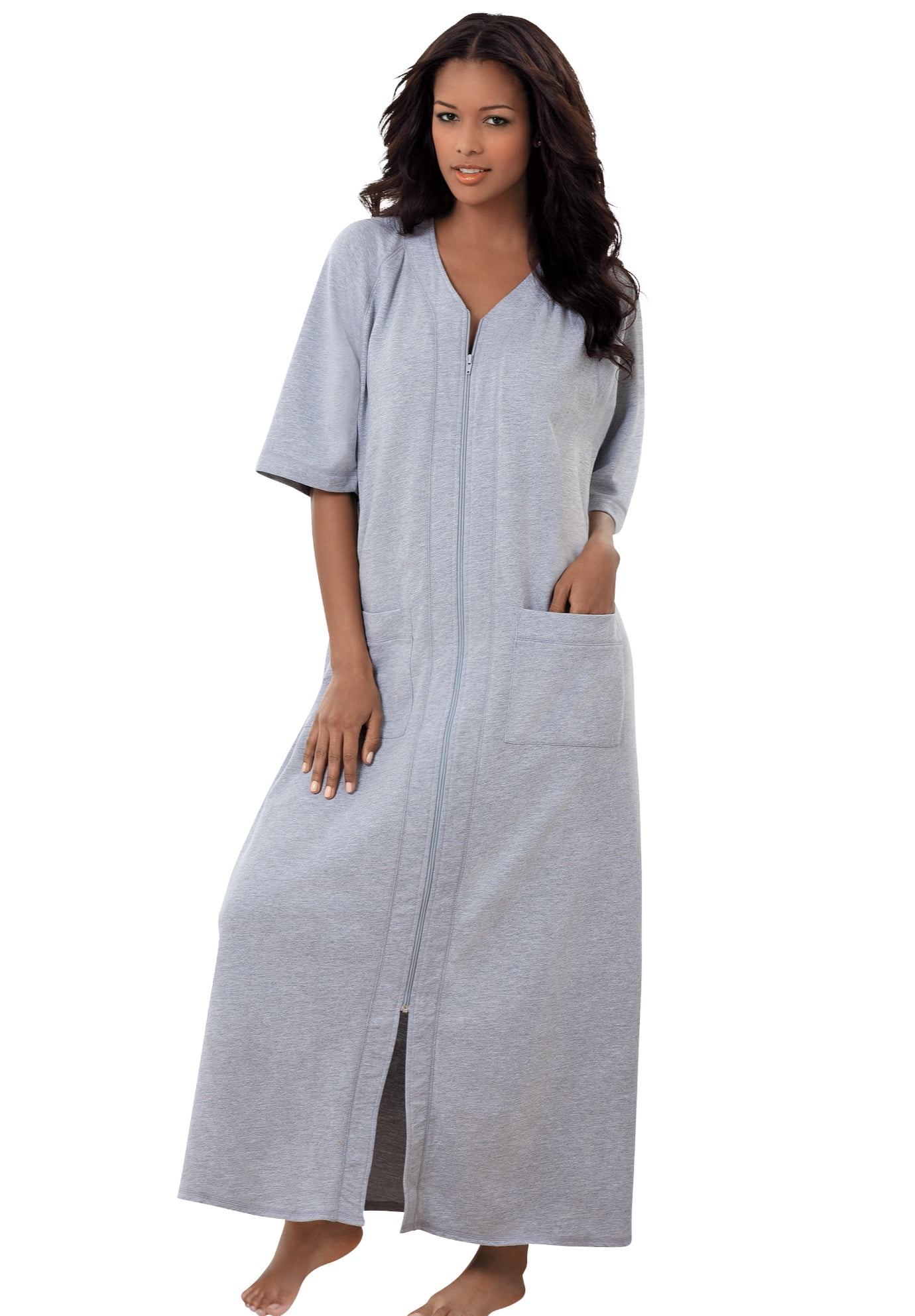Dreams & Co Womens Plus Size Long French Terry Zip-Front Robe 