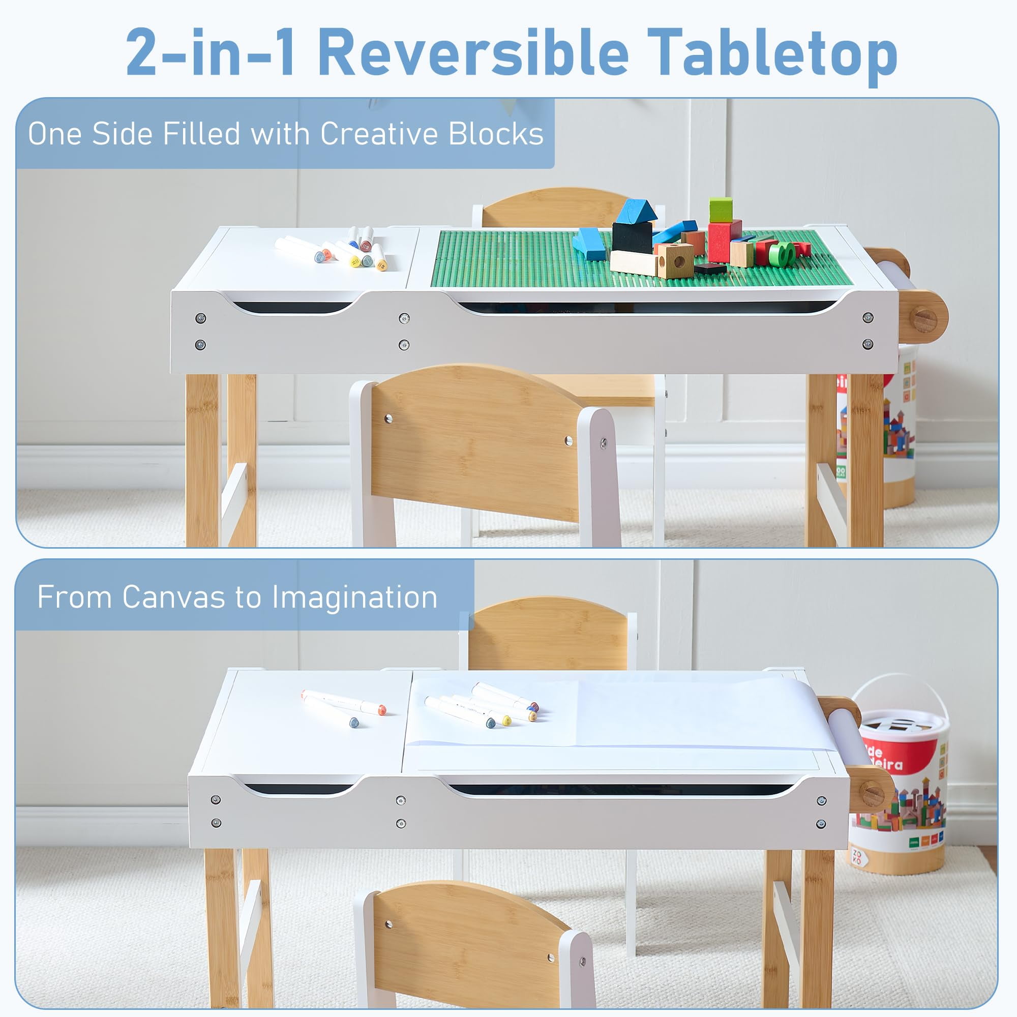 Kids Activity Table with Storage, 3 in 1 Kids Table Compatible with Lego Building Block for Boys Girls, Wooden Desk Reversible Tabletop for Toddler Arts,Drawing, Reading
