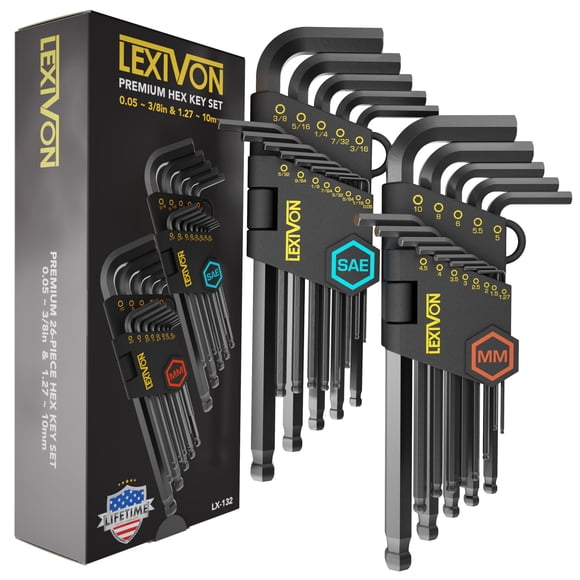 LEXIVON Allen Wrenches Sets, 26-Piece Premium Metric & SAE Hex Keys, L-Shaped Long Arm Ball End Design, Industrial-Grade S2 Alloy Steel (LX