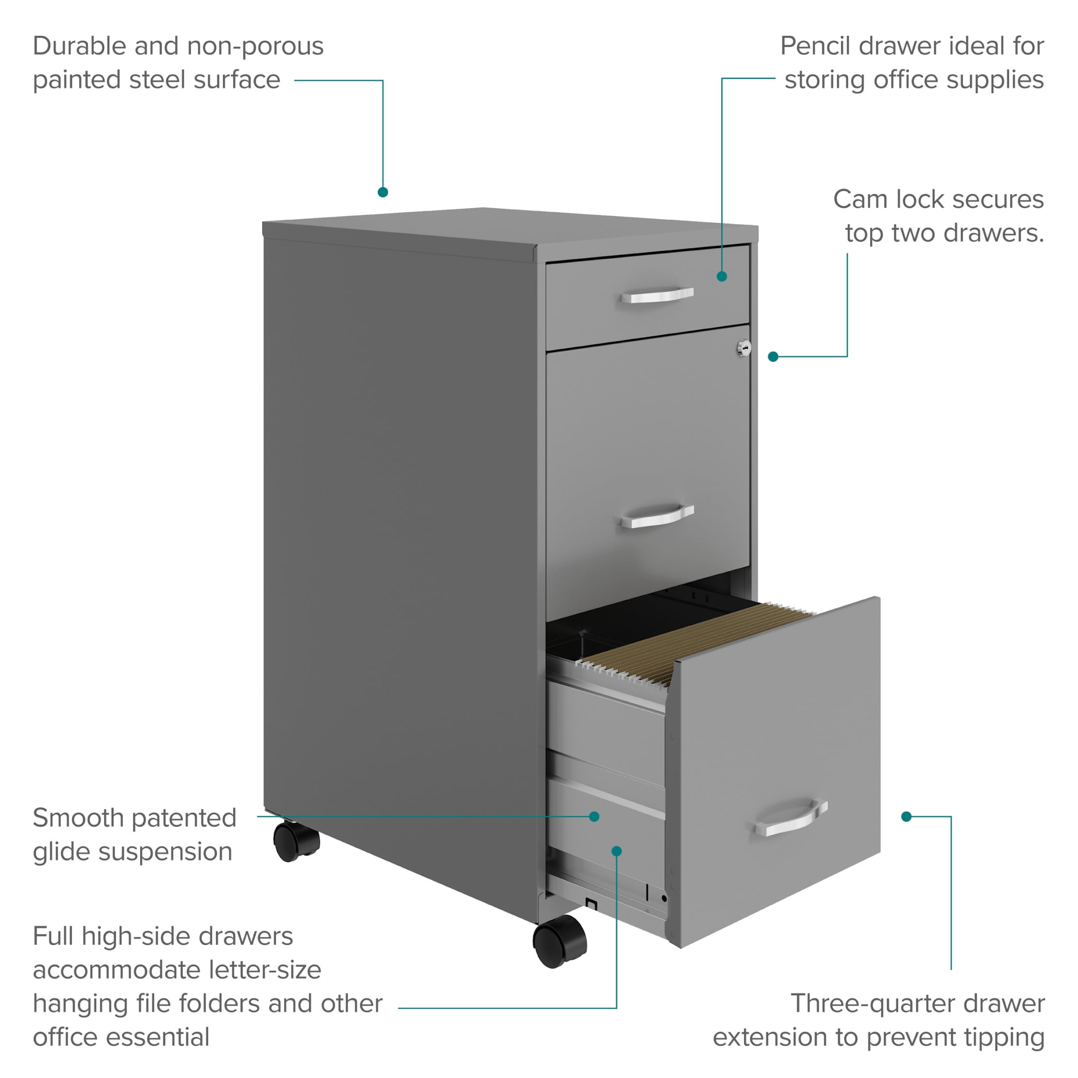 Space Solutions 18" Deep 3 Drawer Mobile Letter Width Vertical File Cabinet, Silver