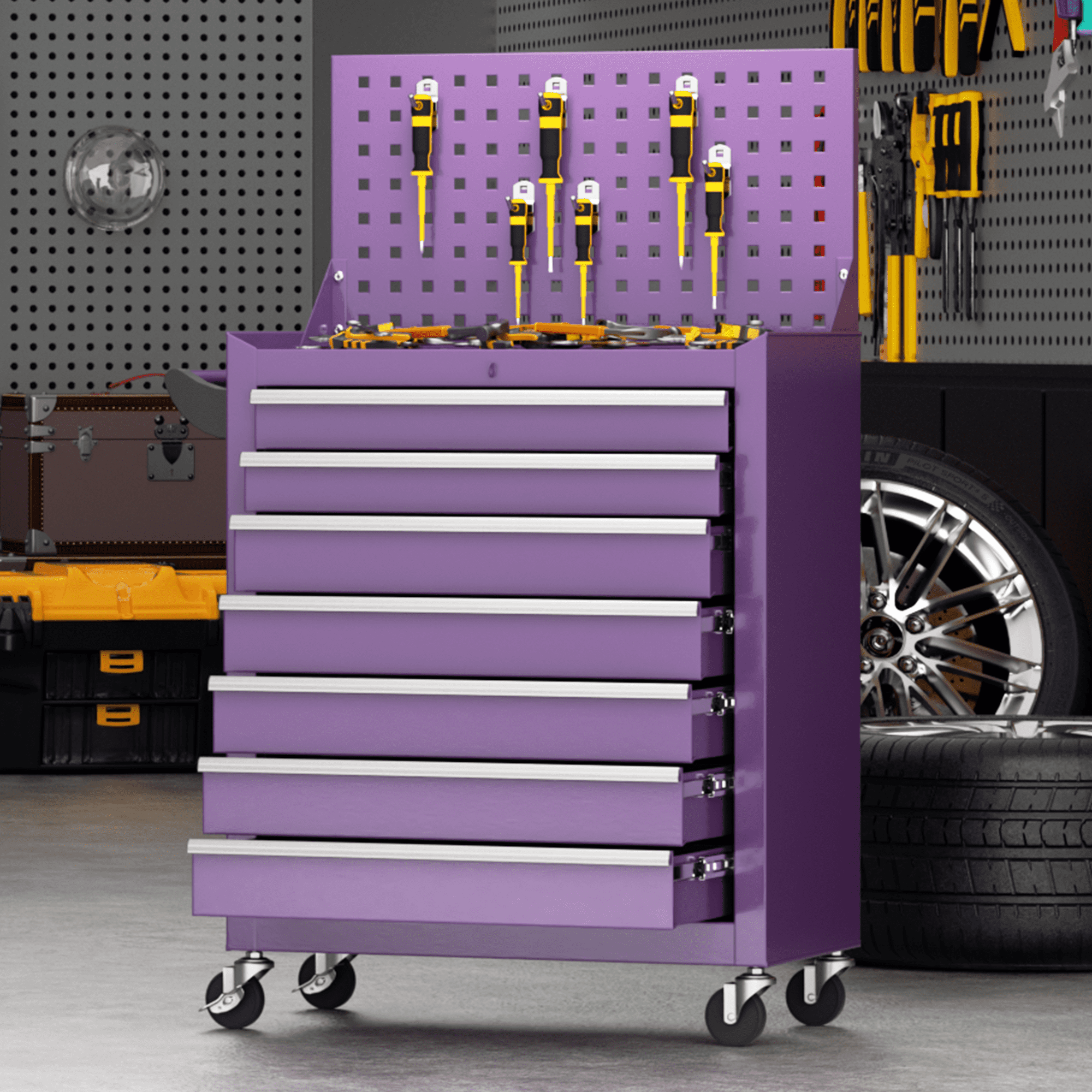 SUNCROWN 7 Drawers Rolling Tool Chest with Pegboard, Metal Tool Chest with Drawers, Tool Storage Cabinet with Wheels for Garage, Workshop, Repair Shop, Purple
