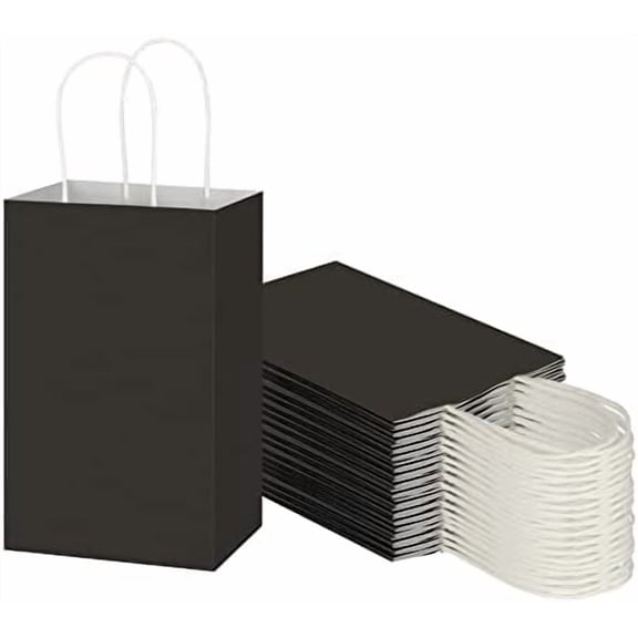 50 Pack 5.25x3.25x8.25 Inch Small Black Kraft Paper Bags with Handles Bulk, Gift Wrap Bags for Favor Grocery Retail Party Birthday Shopping Business Goody Craft Merchandise Take Out Cub Sacks