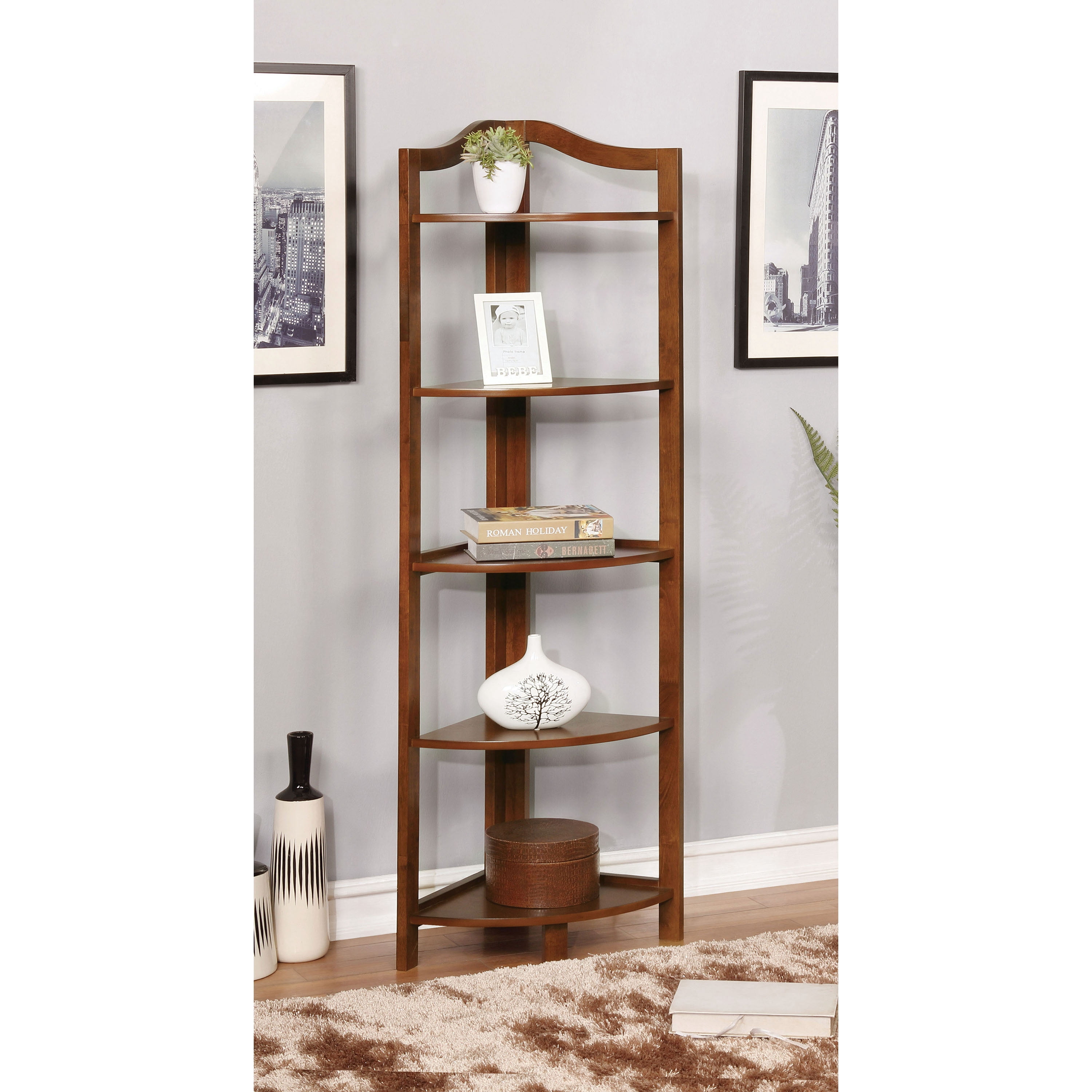 Furniture of America Emery Transitional 5-Shelf Corner Stand, Oak