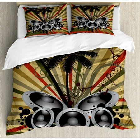 Modern Duvet Cover Set Palm Trees Striped Ombre Backdrop Music