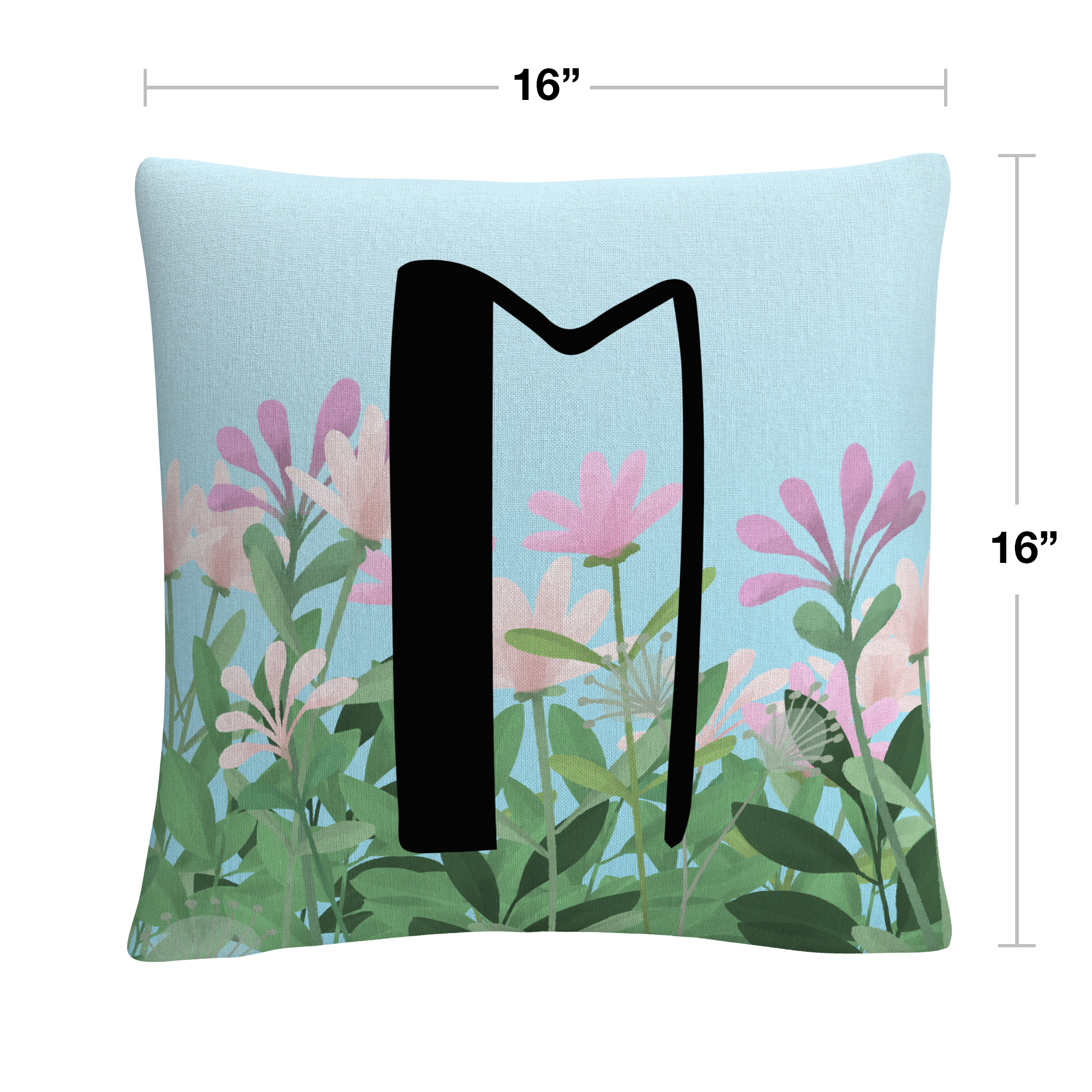 Pink Floral Garden Letter Illustration M By Abc 16 X 16 Decorative Throw Pillow