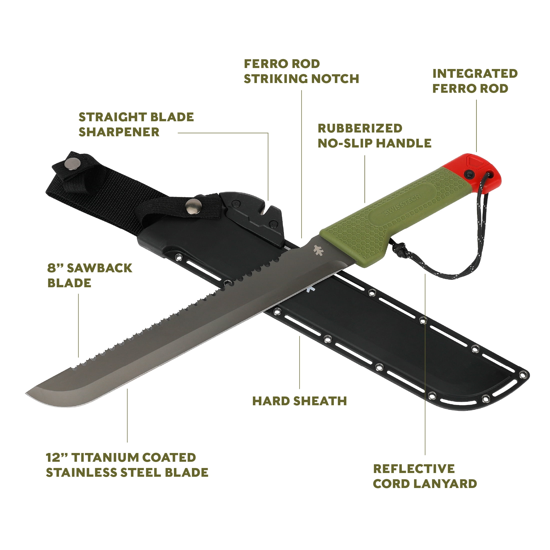 Swiss Tech 18-inch Sawtooth Machete, Titanium-Coated Stainless Steel Blade, Green