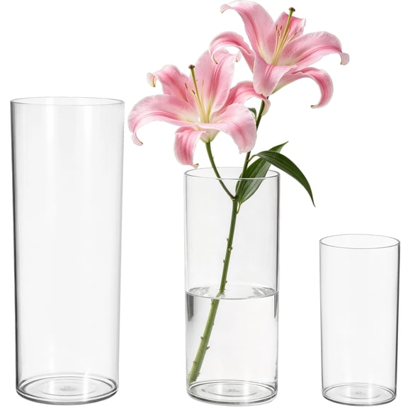 3 Pcs Plastic Cylinder Vases Set, Clear Flower Vases in 3 Sizes, Unbreakable Flower Holder Hurricane Candle Holder for Table Centerpiece, Home Decor, Parties, Weddings