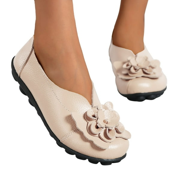 Dakaela Women's Leather Flowers Loafers Comfort Round Toe Slip on Driving Flats Walking Shoes Gold 8