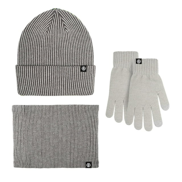 MIASHUI Winter Outdoor Warm Cold Protection Hat, Scarf, and Gloves Three-Piece Set, Striped Knit Scarf for Women Grey