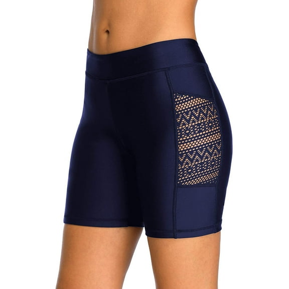 Womens Long Swim Shorts High Waisted Hollow Out Solid Swim Capri Pants