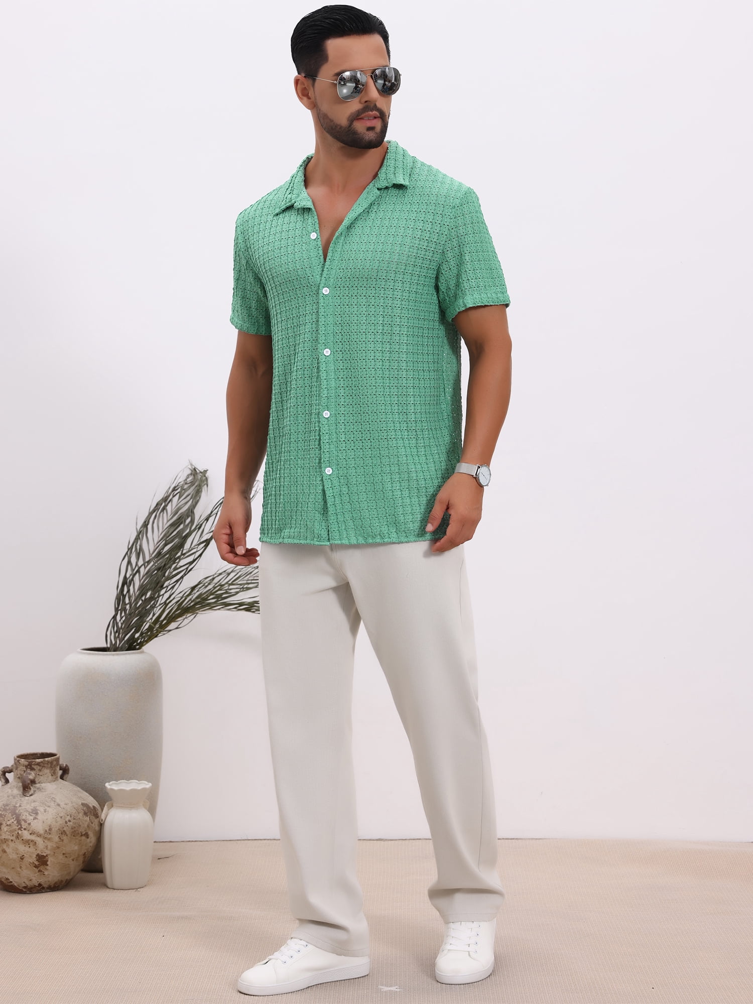 DARING DIVA Men's Casual Knitted Hollow Out Short Sleeve Shirt M Green