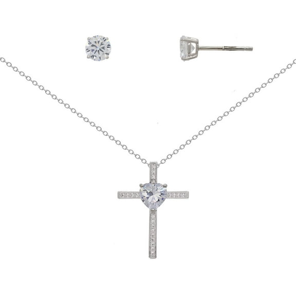 Believe by Brilliance Women's Cubic Zirconia Necklace Set in Fine Silver Plated Brass