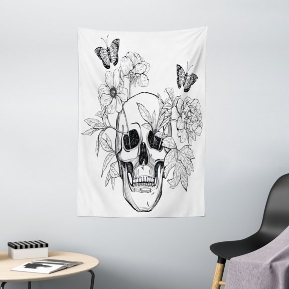 Day Of The Dead Tapestry, Skull with Flower Blooms and Butterflies Vintage Gothic Design Print, Wall Hanging for Bedroom Living Room Dorm Decor, 40W X 60L Inches, Black and White, by Ambesonne