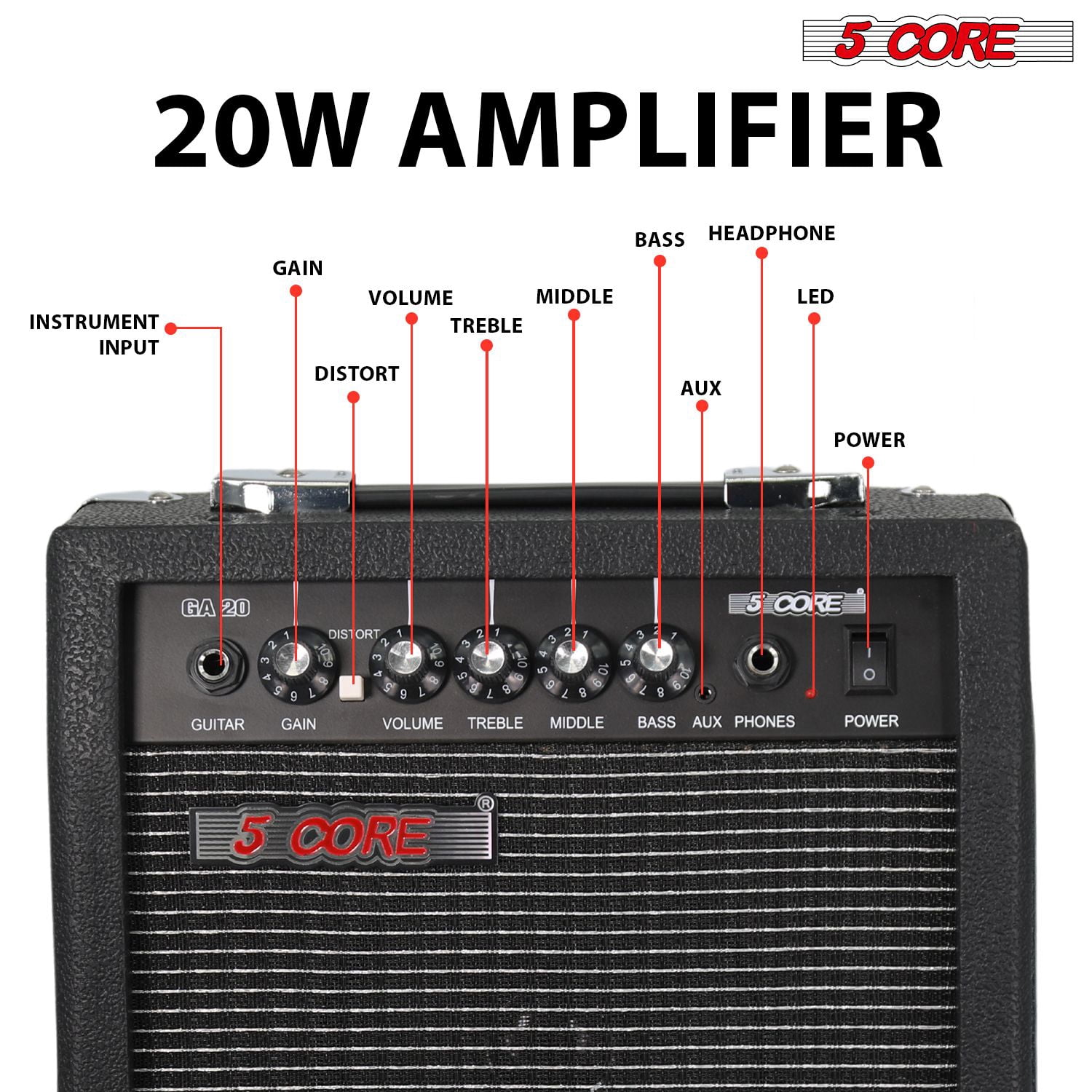 Guitar Amp 20W Electric Portable Mini Amplifier w Built in 6.5" Speaker Aux Headphone Jack