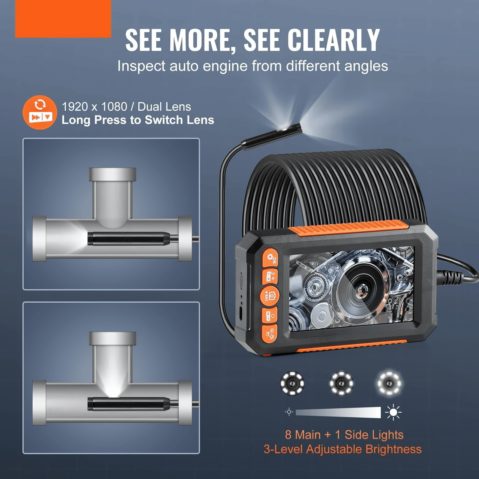 Endoscope Camera with Light, 49.2FT Borescope, 4.3" Screen 1080P, Dual Lens, 8+1 LED, 4X Zoom, IP67 Waterproof Inspection Camera for Automotive Plumbing HVAC