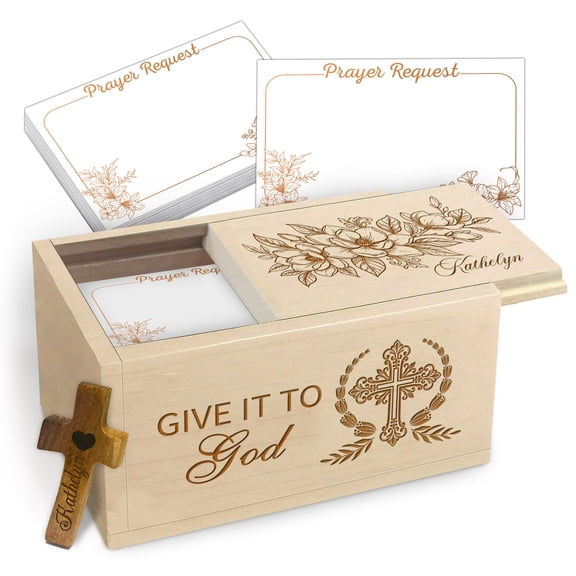 Personalized Magnolia Prayer Box with Give It to God Engraving, Custom Name, 100 Prayer Request Cards and Wooden Comfort Cross, Inspirational Christian Gift