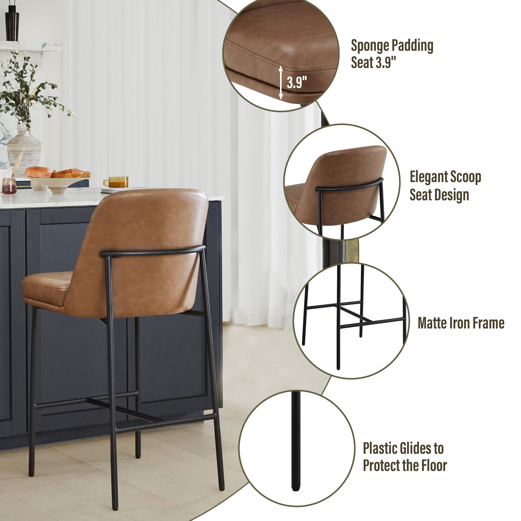 Spruce & Spring Modern 27-Inch Contemporary Counter Stool Set with Upholstered Seat and Metal Frame Set of 2, Saddle Brown Faux Leather