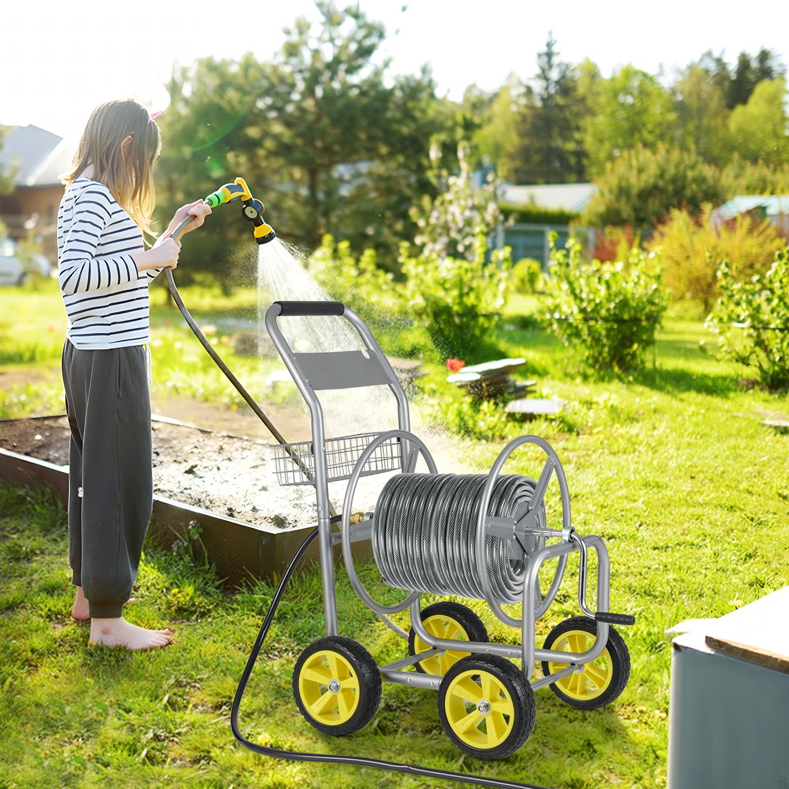 Gymax Garden Hose Reel Cart 300 FT of 5/8'' Large Capacity Heavy-Duty Metal Hose Cart Silver