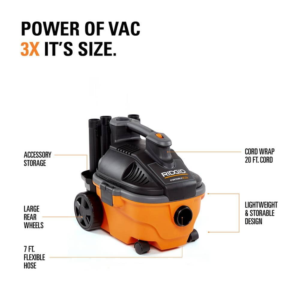 4 Gallon 5.0 Peak HP Portable Shop Vac Wet Dry Vacuum with Fine Dust Filter, Locking Hose and Accessories