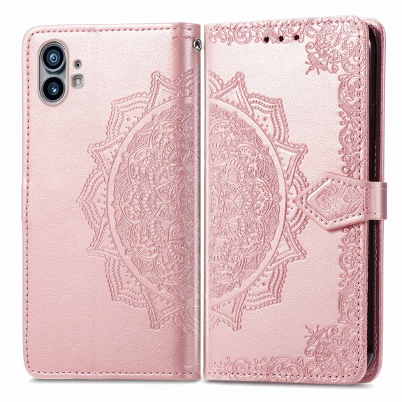 Allytech Nothing Phone (1) Case, PU Leather Mandala Embossed Flip Stand Cover Shell Anti-scratch Shockproof Protective Cards Slots Hand Wrist Wallet Case for Nothing Phone 1 One - Rosegold