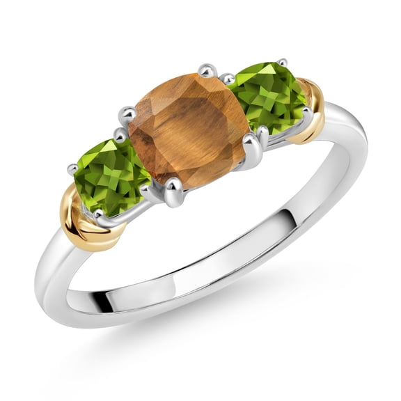 Gem Stone King 925 Sterling Silver and 10K Yellow Gold Brown Tiger Eye and Green Peridot 3 Stone Engagement Ring for Women (1.66 Cttw, Cushion Cut 6MM and 4MM, Available in Size 5, 6, 7, 8, 9)