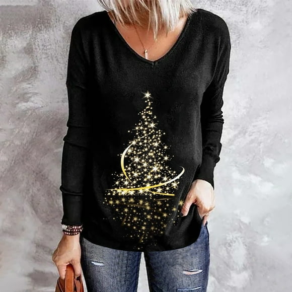 Levmjia Women's Christmas Tops Round Neck Long Sleeve Shirt Holiday Pullover Blouses Ladies Fashion Casual Print Loose Top