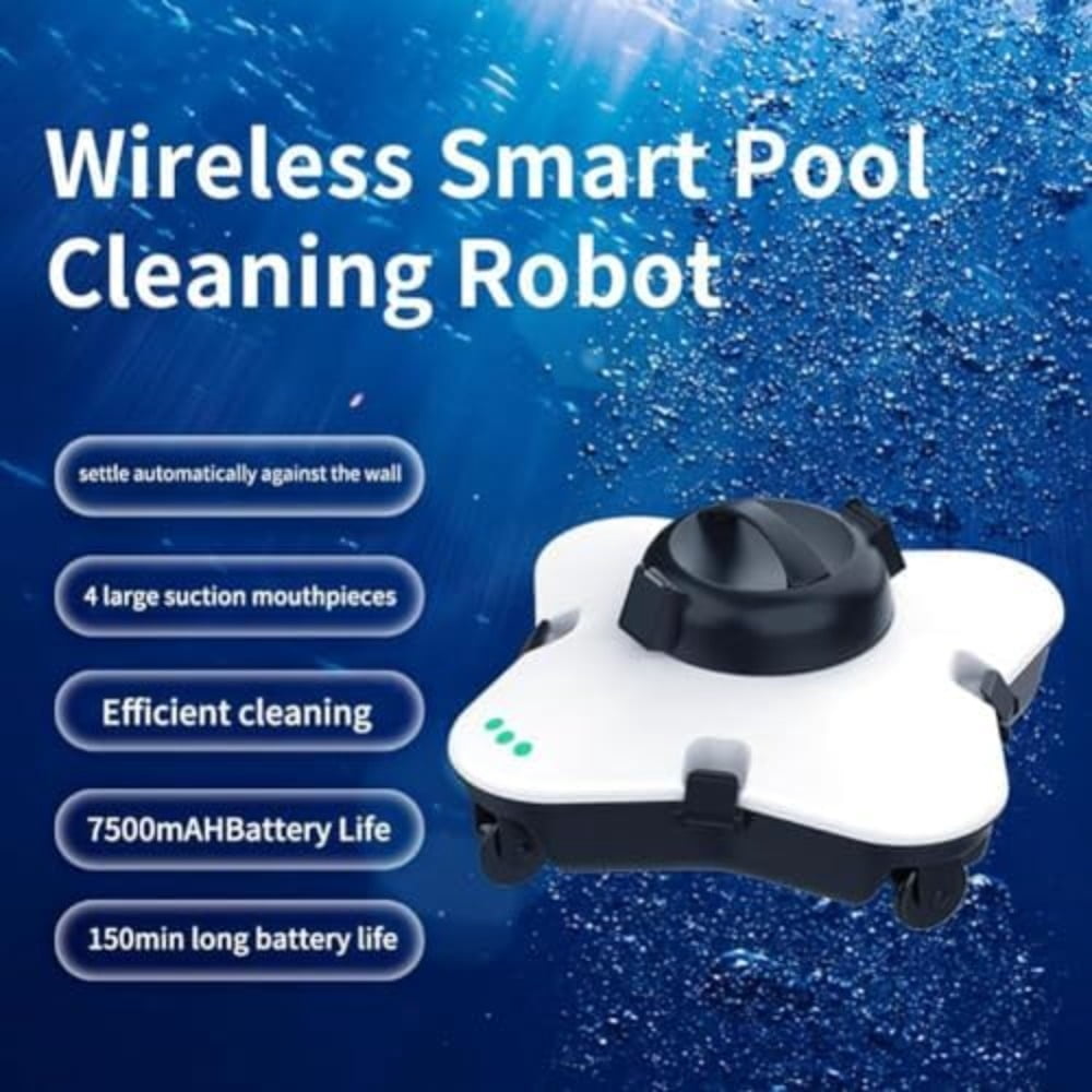 Automatic Pool Vacuum, Cordless Electric Robot for Above and In-ground Pools, Suitable for Areas Up to 1000 Square Feet -White
