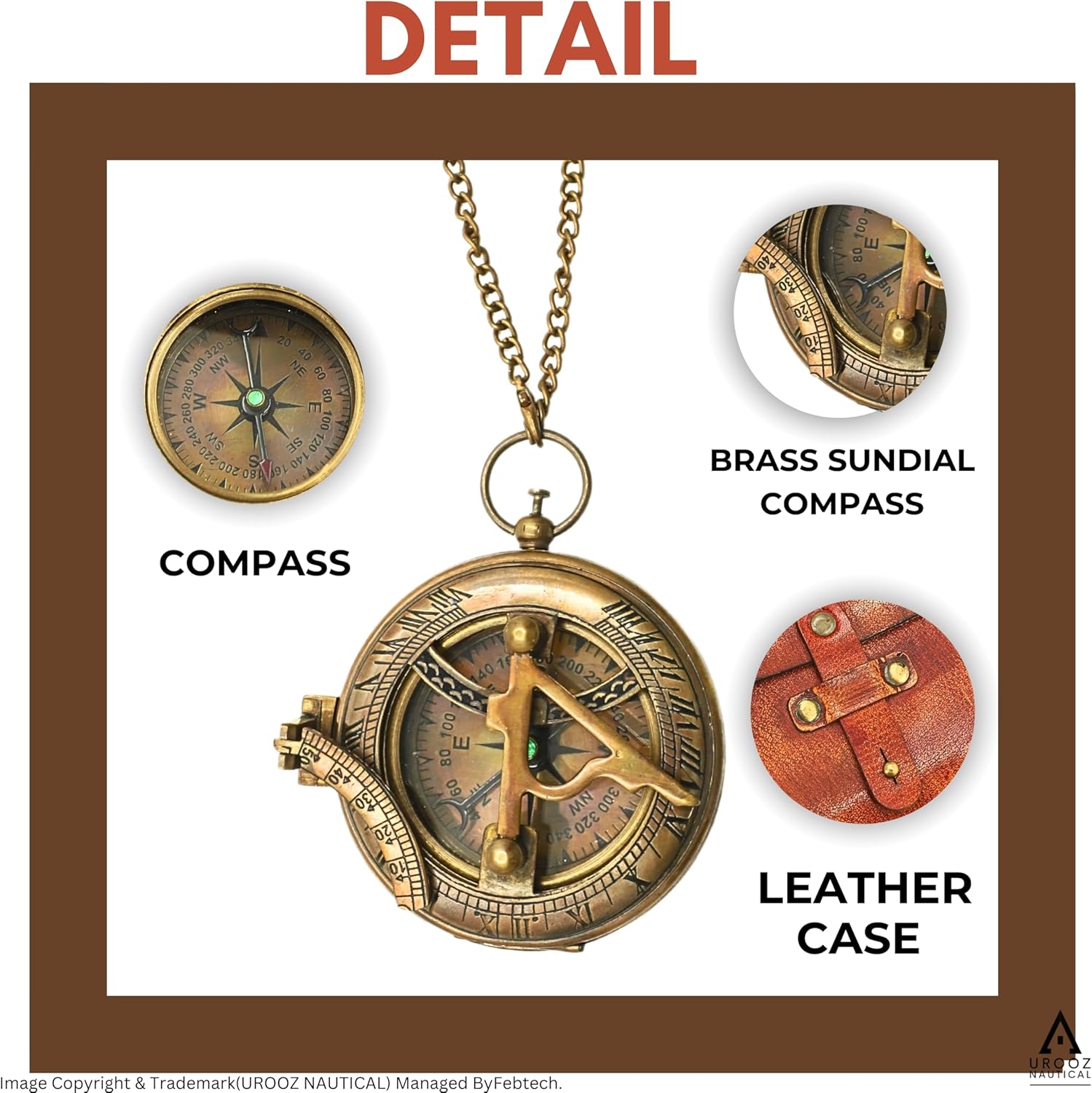 Nautical Sundial Pocket Compass with Leather Case | Compass for Camping, Hiking, Touring - Engraved Gift for Him - Nautical Ship Replica Watch - Sundial Clock in Box