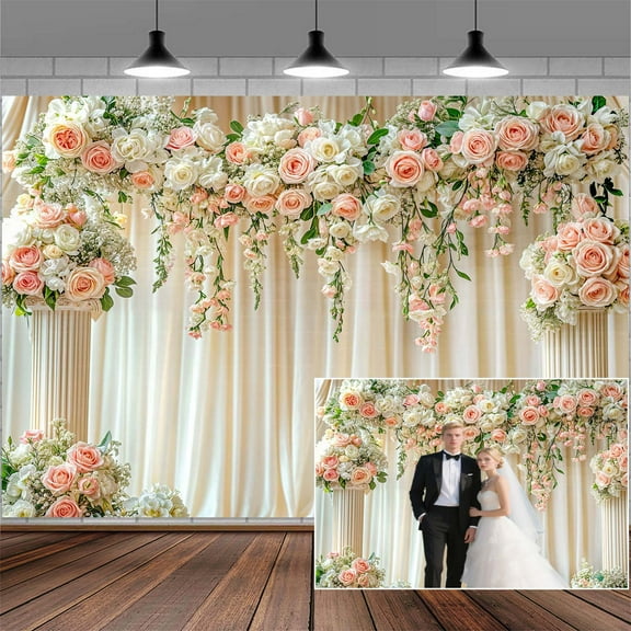10X8FT Luxurious Castle Palace Wedding Photography Backdrop Pink Rose Floral Bridal Backdrop Anniversary Ceremony Background Girl Party Decorations Baby Shower Banner Mother's Day Photo Booth Props
