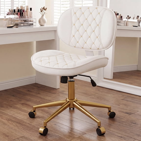 Genpo White and Gold Office Chair Armless, Small Computer Desk Chair No Arms with Wheels, Lumbar Support, Adjustable Height for Home Office