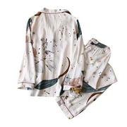 Women Pajama Set Long Sleeve Print V Neck Button Top + Loose Trousers Summer Cotton Home Clothes