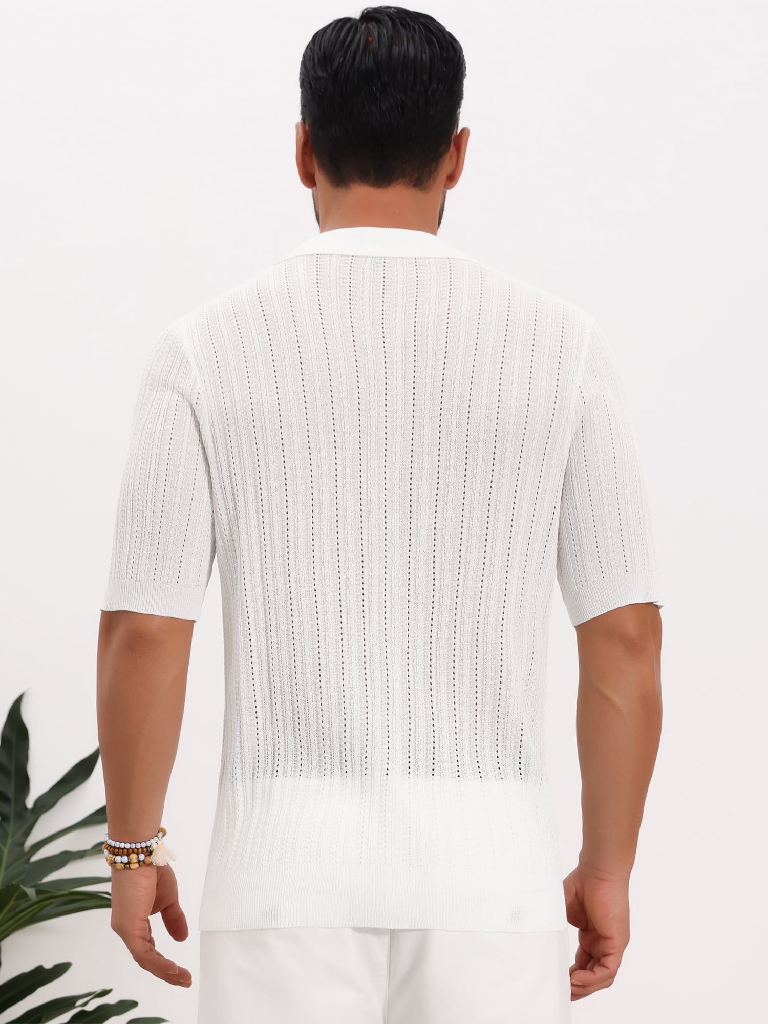 DARING DIVA Men's Striped Summer Short Sleeve Knitted See Through Shirts XL White