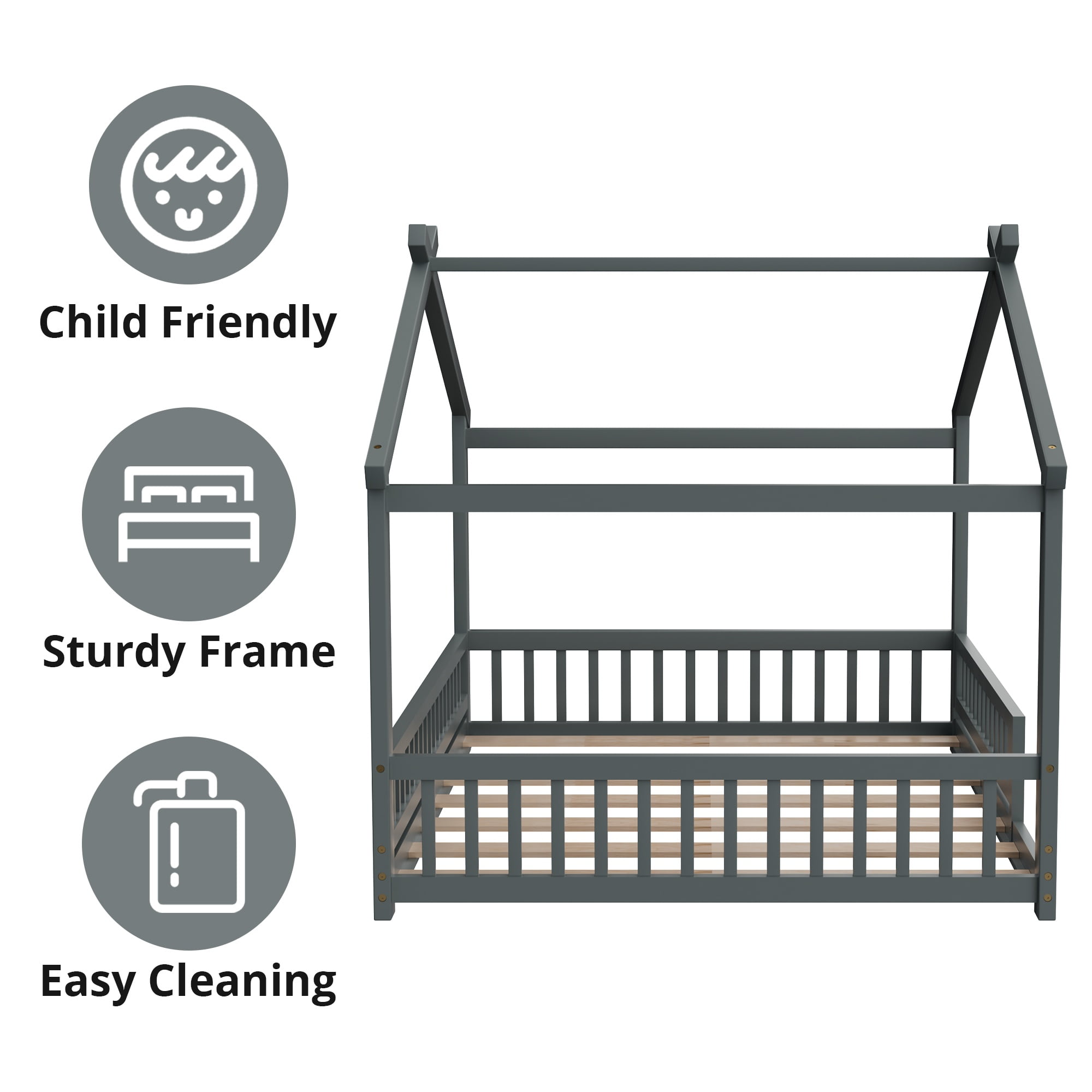 Full Floor Bed with Fence, Solid Wood House Bed with Roof, Montessori Bed Frame Playhouse Bed for Girls and Boys Bedroom, Easy Assembly, Gray